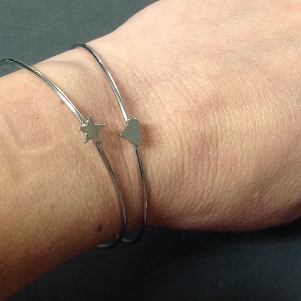 Heart and Star Bangle Bracelets, Set of Two,Silver